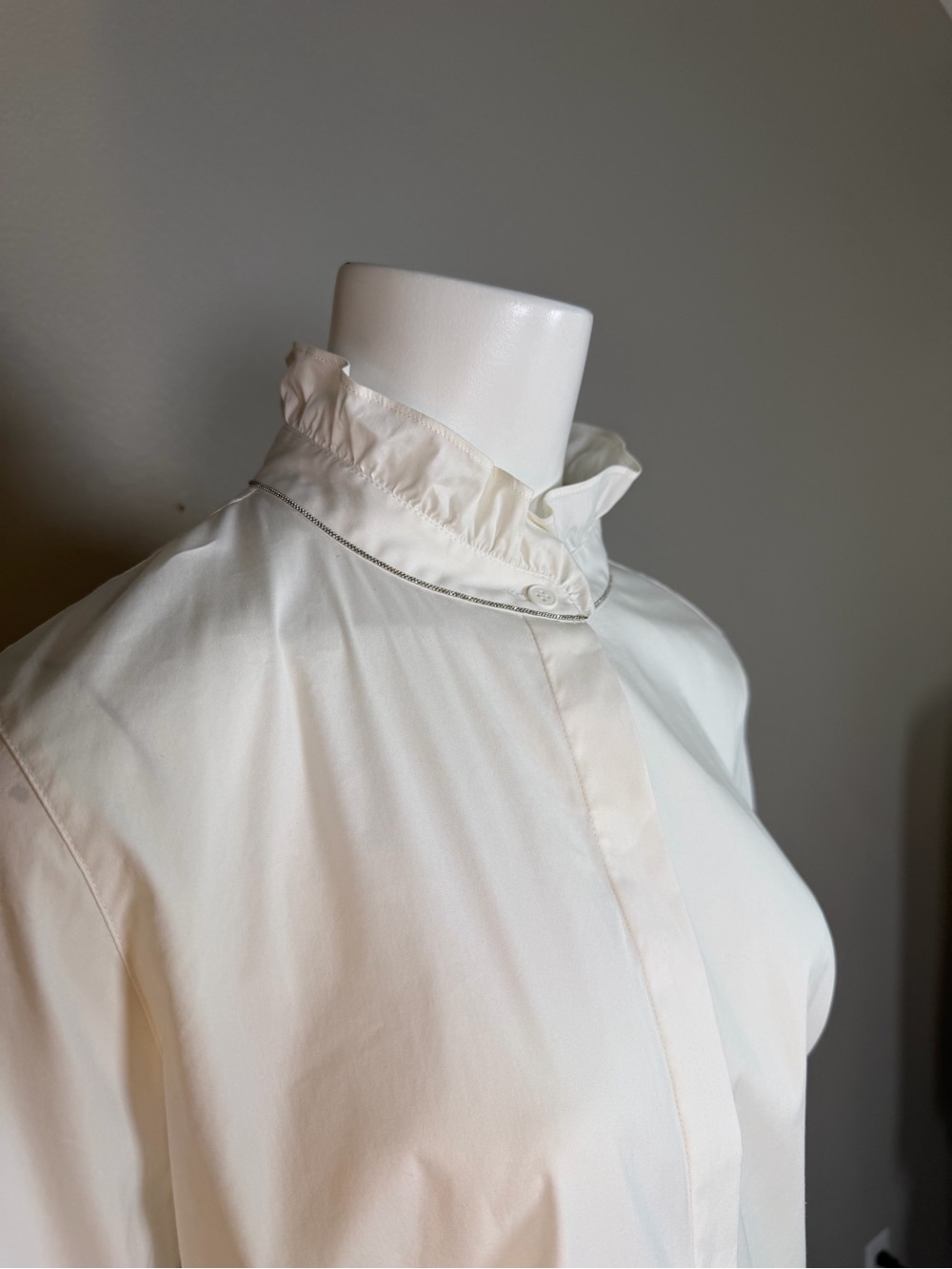 Lafayette 148 White Ruffle Collar High Neck Silver Trim Button Down Blouse L - Picture 2 of 14